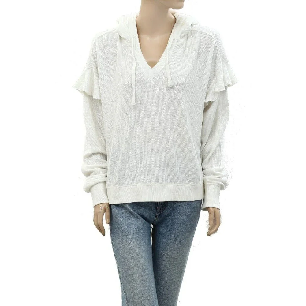 Urban Outfitters UO Thermal Hoodie Blouse Top White Cotton Ruffle L New